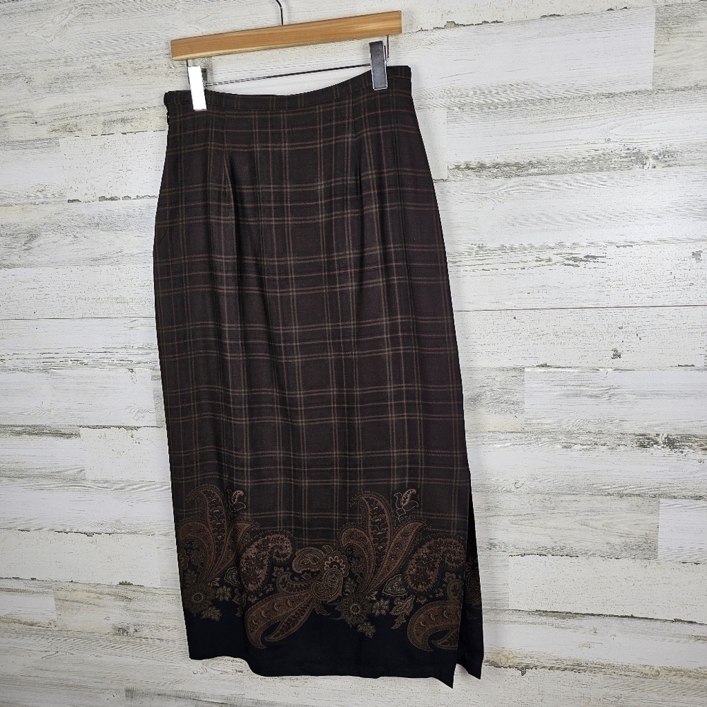 VTG Breeches Tartan Plaid Wool Blend Maxi Skirt Sz 12 Brown Paisley Academia - Picture 5 of 15